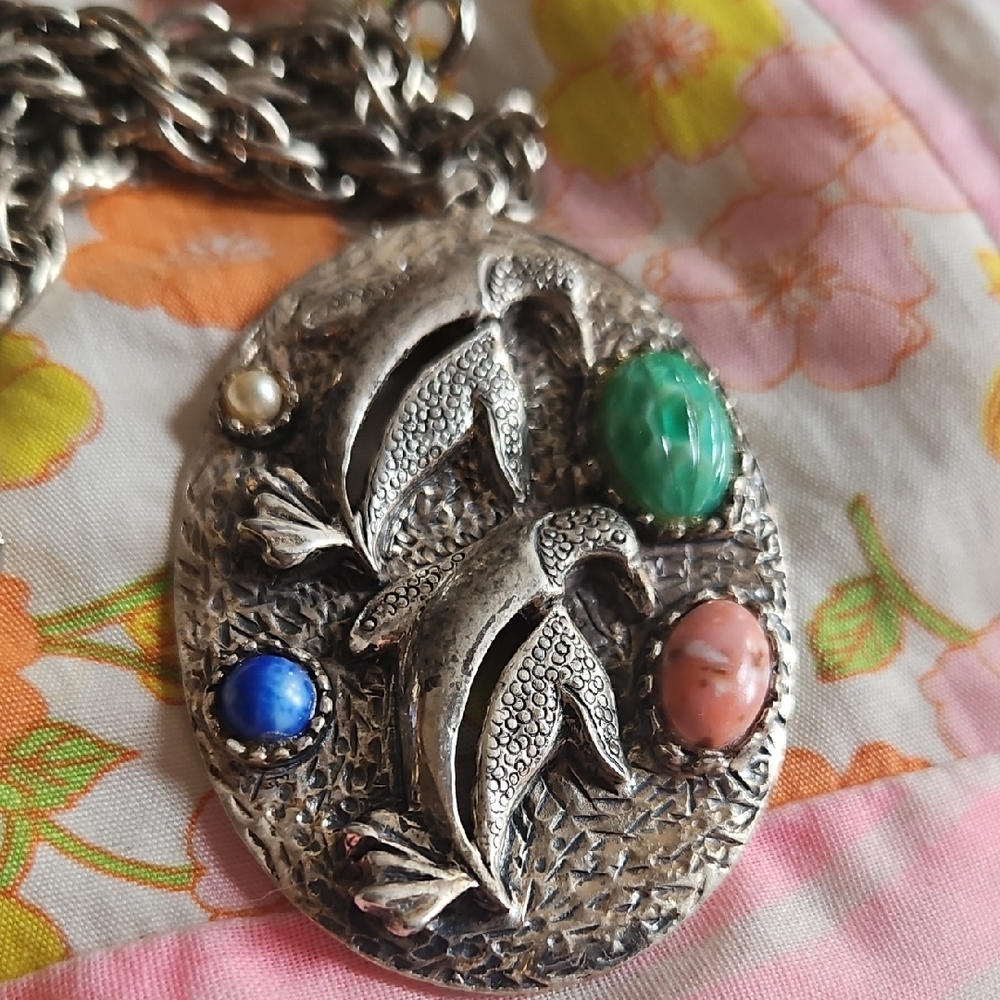 Large Vintage Silver Pendant with Gemstone Accents